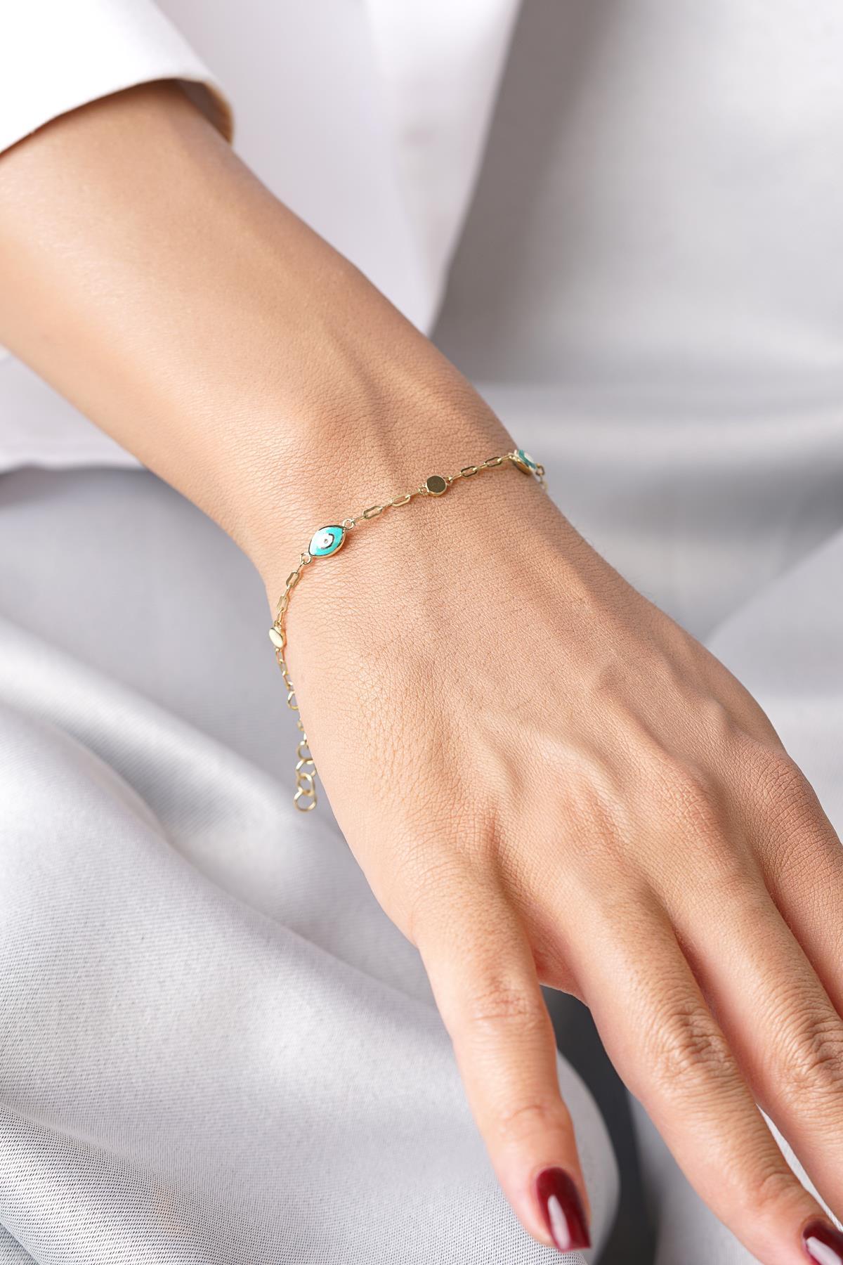 14 Ayar Altın Ataç Zincirli Nazarlık Bileklik - Görsel 3