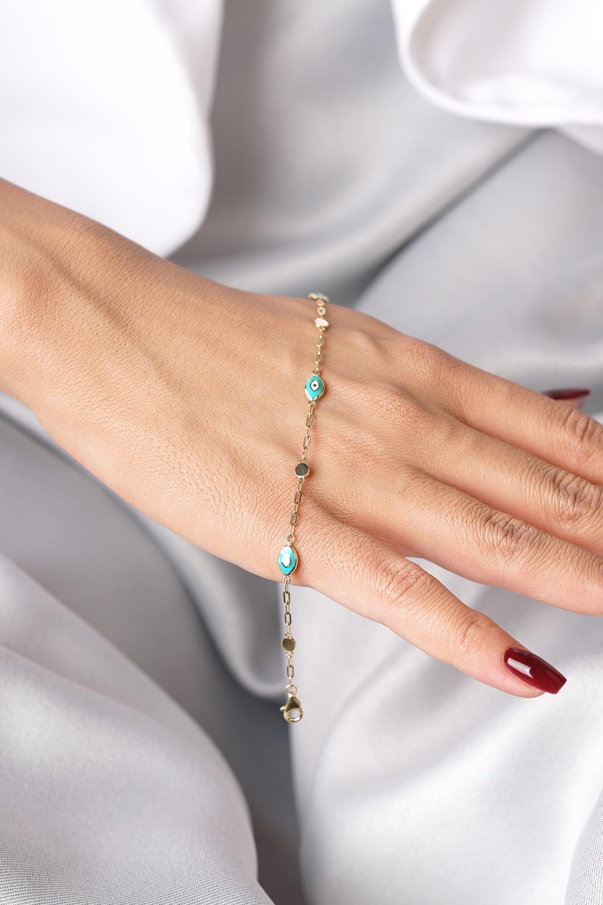 14 Ayar Altın Ataç Zincirli Nazarlık Bileklik - Görsel 7