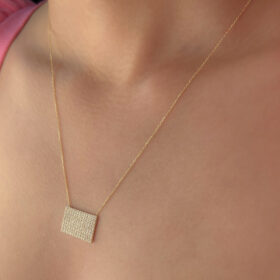 14 Ayar Altın Beyaz Taşlı Dikdörtgen Kolye