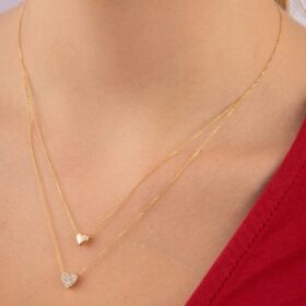 14 Ayar Altın Çift Zincirli Kalp Kolye