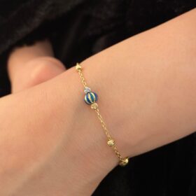 14 Ayar Altın Dorika Top Detaylı Mavi Objeli Bileklik