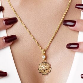 14 Ayar Altın Gül Motifli Telkari Kolye - Anne Kolyesi