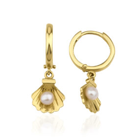 14 Ayar Altın İnci Detaylı İstiridye Küpe