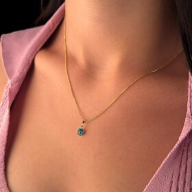 14 Ayar Altın İpek Zincir Mavi Gözlü Nazar Kolye