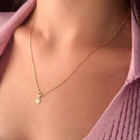 14 Ayar Altın İpek Zincir Yonca Uçlu Kolye