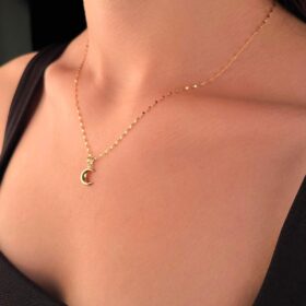 14 Ayar Altın Işıltılı Aynalı Zincir Hilal Ay Uçlu Kolye