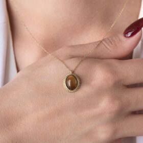 14 Ayar Altın Kaplan Gözü Doğal Taş Kolye