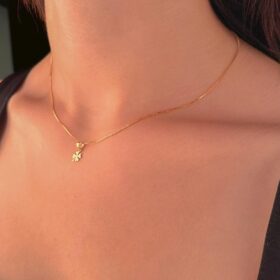 14 Ayar Altın Küp Zincir Yonca Uçlu Kolye