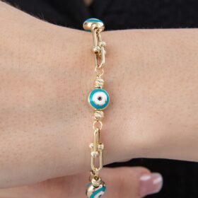 14 Ayar Altın Nazar Boncuklu Topçuk Ataç Zincir Bileklik