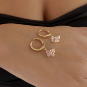 14 Ayar Altın Pembe Mineli Kelebek Halka Küpe