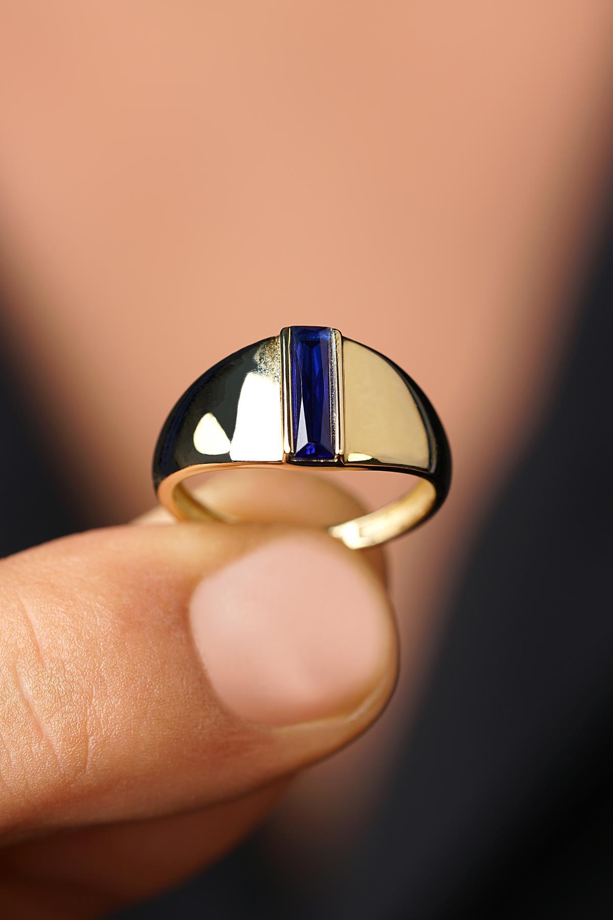 14 Ayar Altın Safir Taşlı Oval Erkek Yüzük - Görsel 5