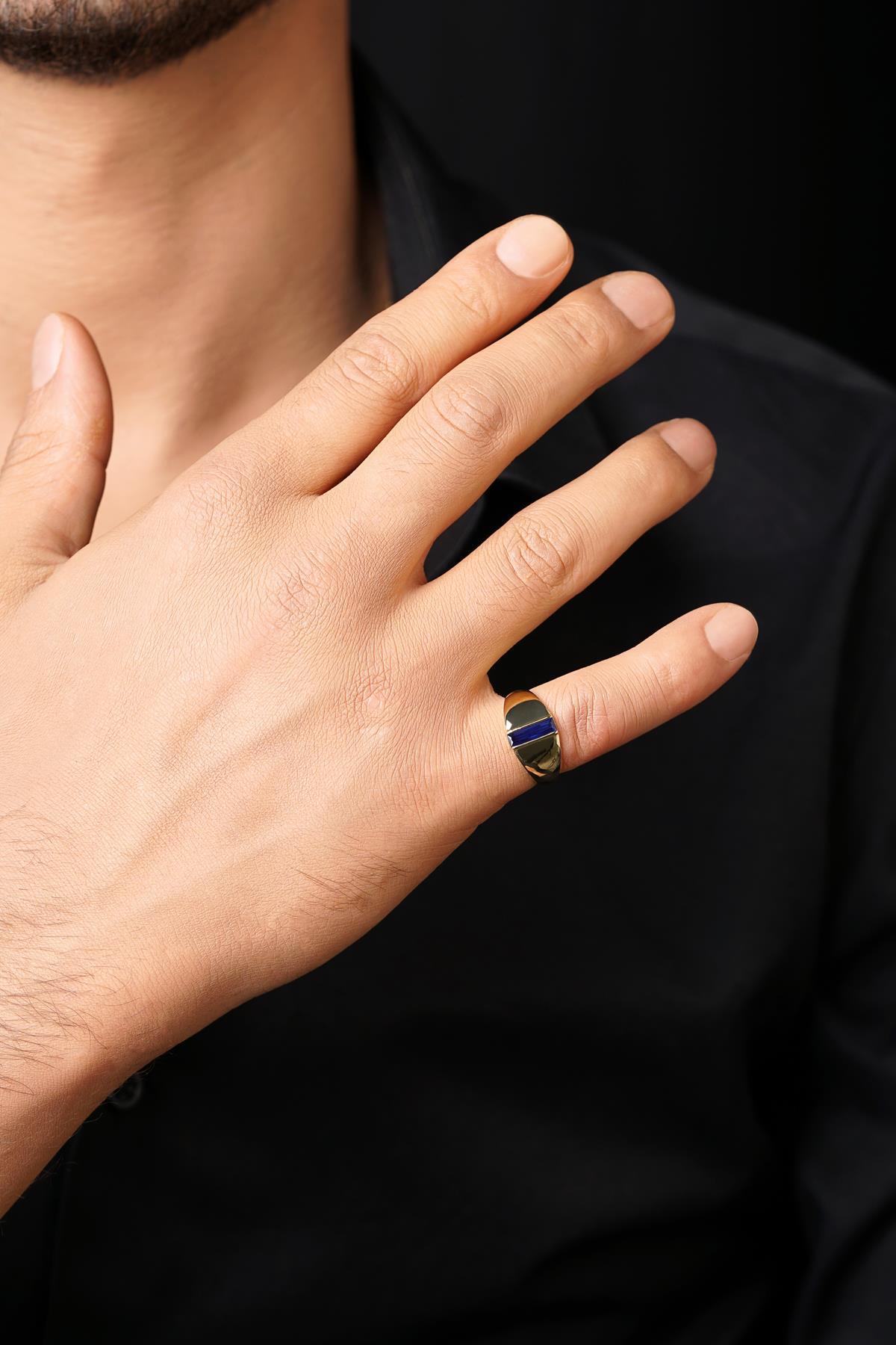 14 Ayar Altın Safir Taşlı Oval Erkek Yüzük - Görsel 3