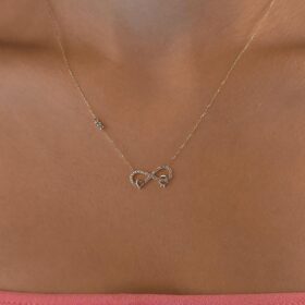 14 Ayar Altın Taşlı Dorika Detaylı Sonsuzluk İçinde Kalpli Yüzük Kolye