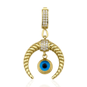 14 Ayar Altın Taşlı Kilit Detaylı Göz Detaylı Ters Ay Kolye Ucu