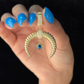 14 Ayar Altın Taşlı Kilitli Göz Detaylı Ters Ay Büyük Kolye Ucu