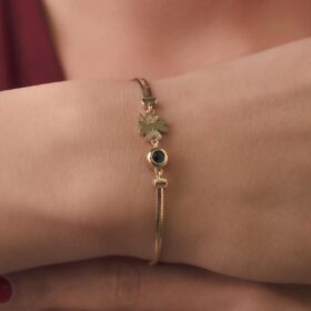 14 Ayar Altın Taşlı Şans Yoncası ve Göz Detaylı İtalyan Balıksırtı Bileklik