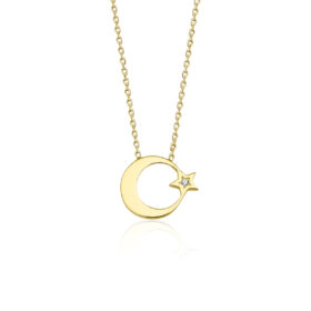 14 Ayar Altın Taşlı Yıldız Detaylı Ay Yıldız Kolye