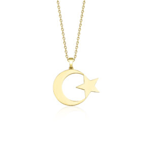 14 Ayar Altın Taşsız Ay Yıldız Kolye