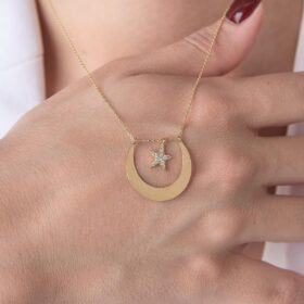 14 Ayar Altın Ters Ay Yıldız Kolye