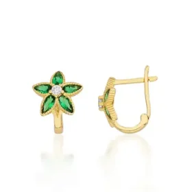 Yeşil Taşlı Altın Çiçek Çocuk Küpe