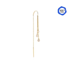 Üç Adet Taşlı Sallantılı Zincir Tek Altın Küpe