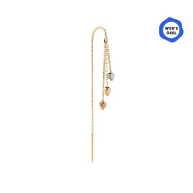 Üç Adet Renkli Uçları Dorika Top Sallantılı Zincir Tek Altın Küpe