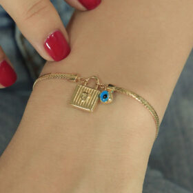 14 Ayar Altın Mini Göz Detaylı Kilit Uçlu Balık Sırtı Bileklik