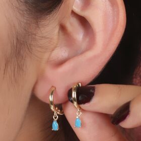 14 Ayar Altın Turkuaz Taşlı Sallantılı Damla Küpe