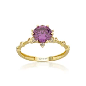 Mor Taşlı Altın Lotus Yüzük