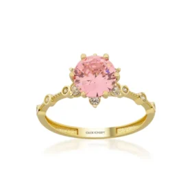 Pembe Taşlı Altın Lotus Yüzük